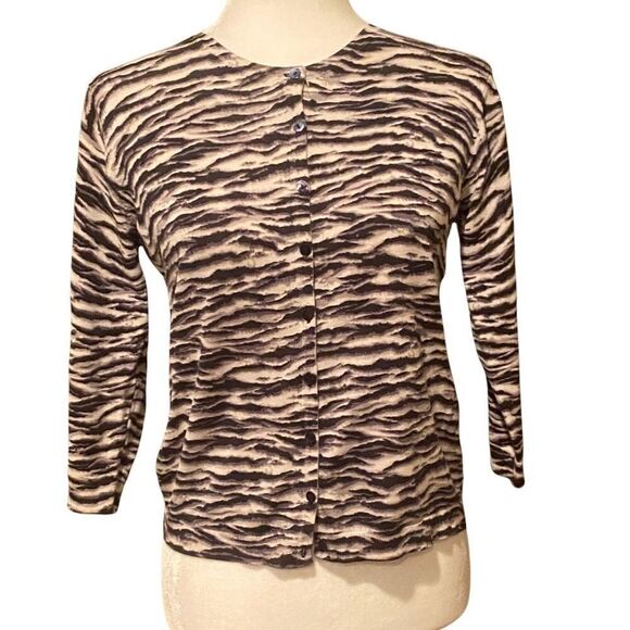 SILX By August Silk Stretch Cardigan Silk Blend Medium Black & White Tiger Print - Picture 1 of 14